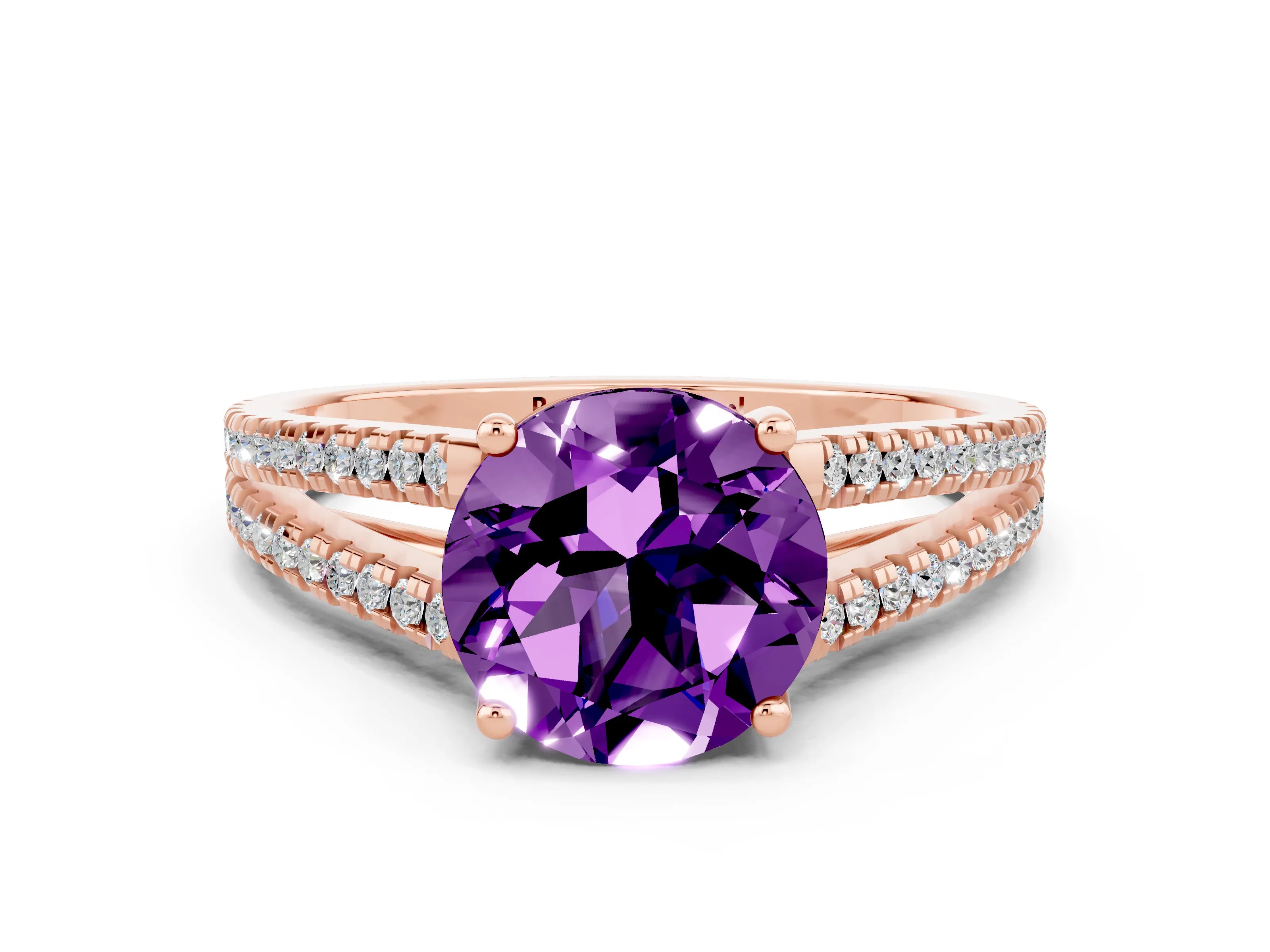 Rose gold Round Cut Amethyst Solitaire Engagement Ring with Split Shank Pavé Band