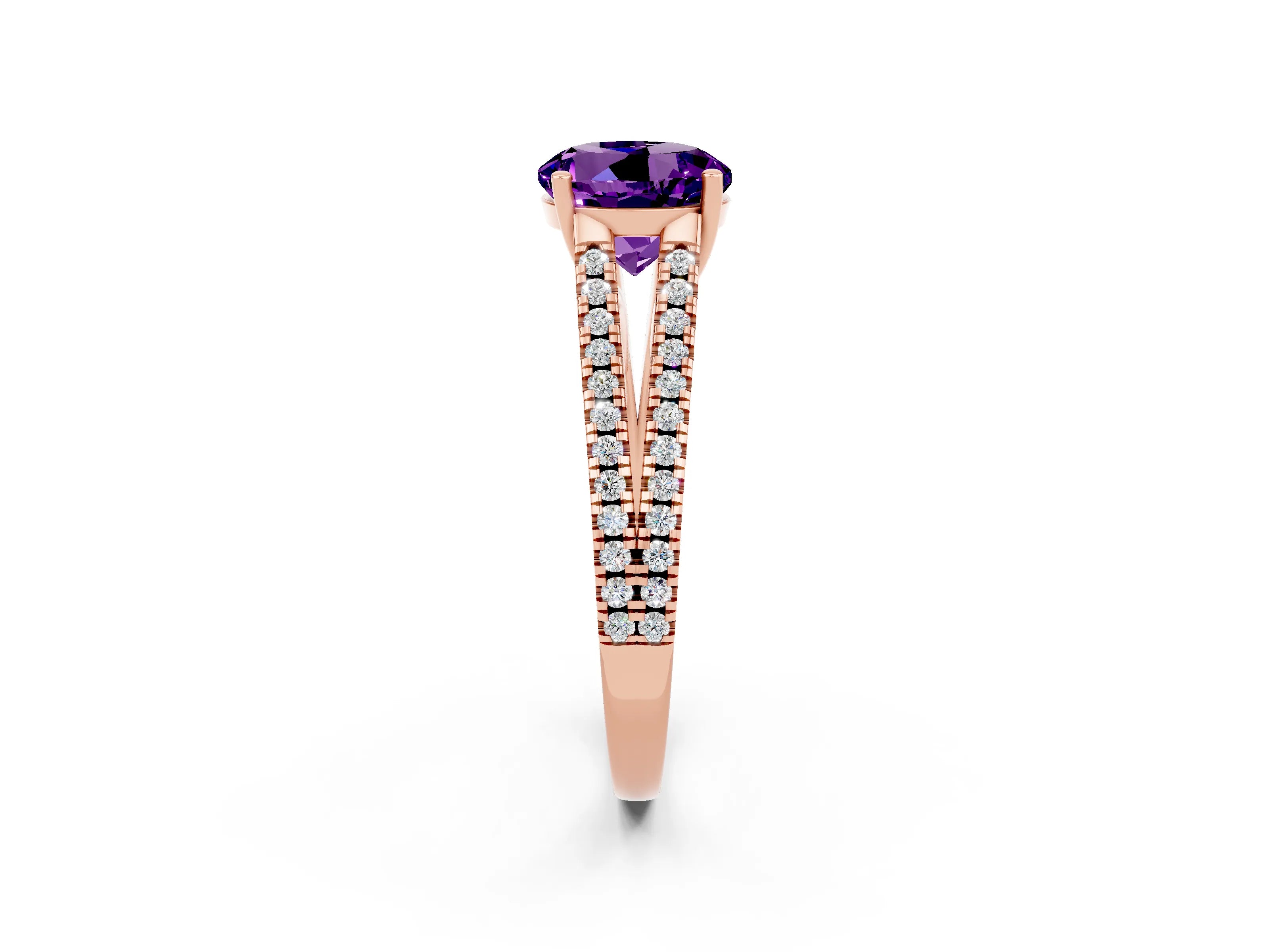 Rose gold Round Cut Amethyst Solitaire Engagement Ring with Split Shank Pavé Band_2