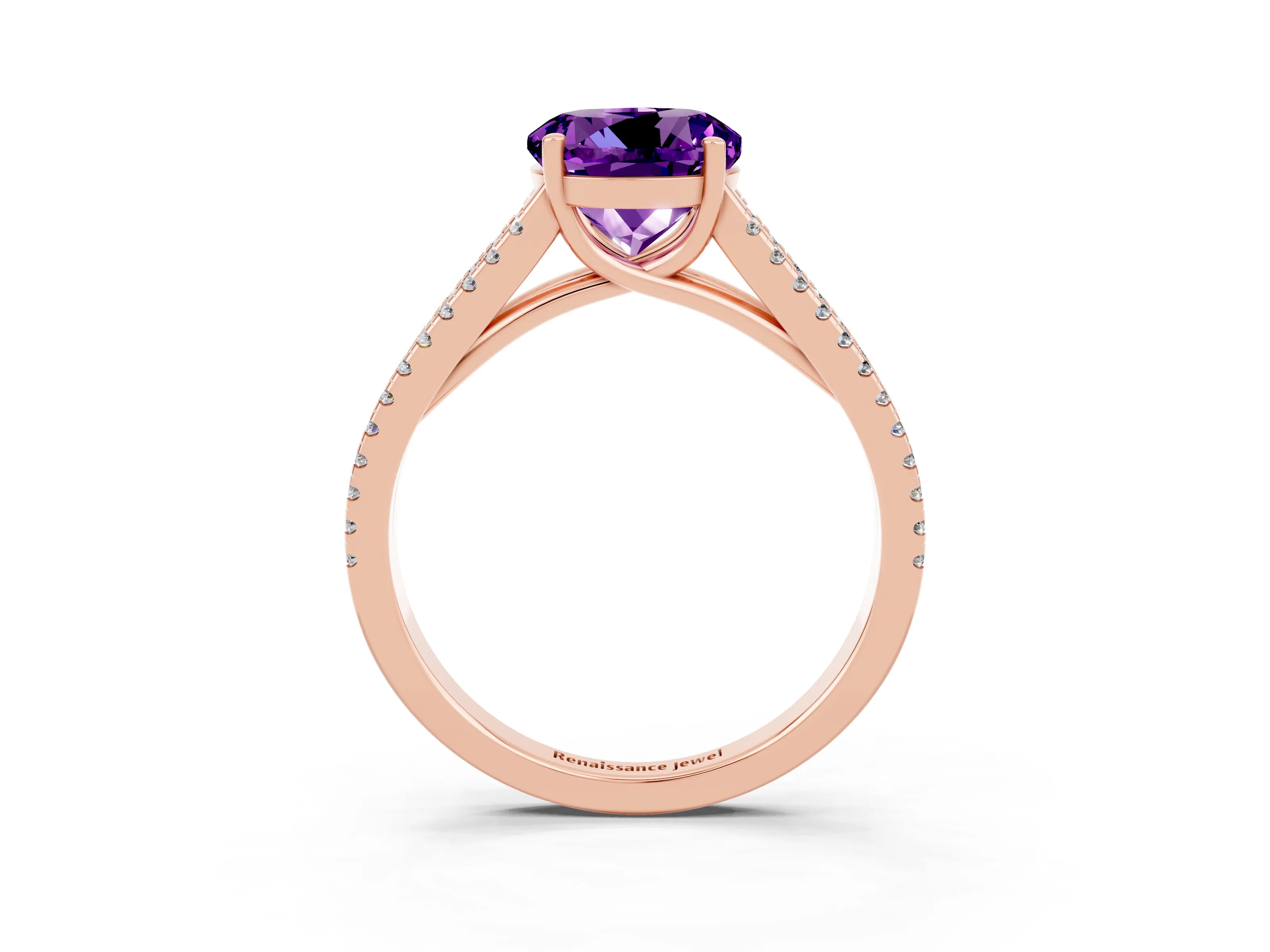 Rose gold Round Cut Amethyst Solitaire Engagement Ring with Split Shank Pavé Band_3