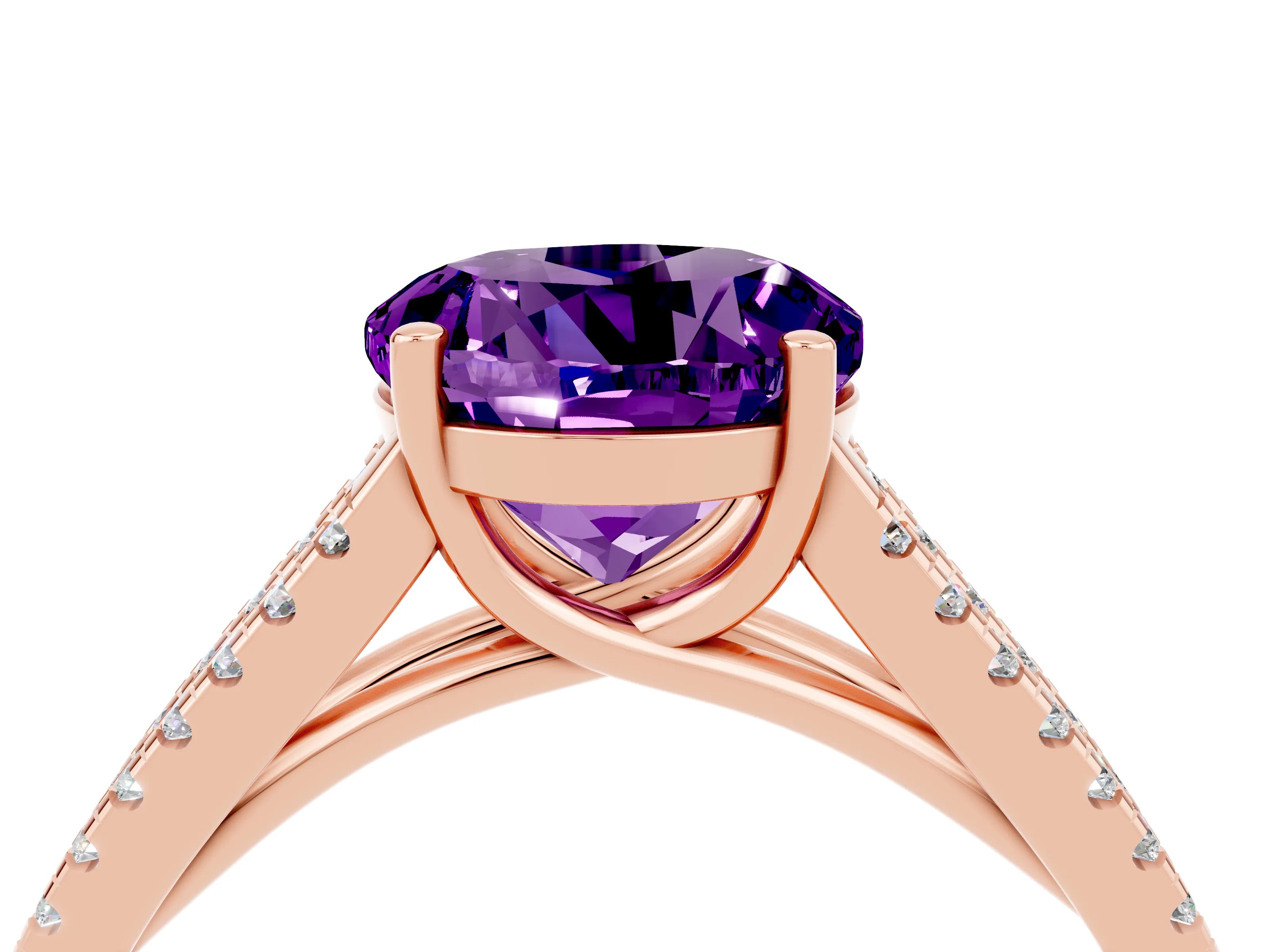Rose gold Round Cut Amethyst Solitaire Engagement Ring with Split Shank Pavé Band_4