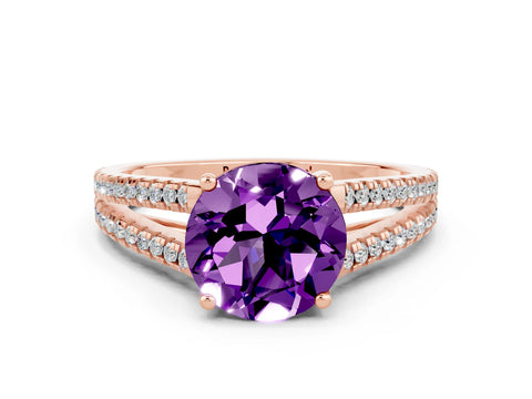 Rose gold Round Cut Amethyst Solitaire Engagement Ring with Split Shank Pavé Band
