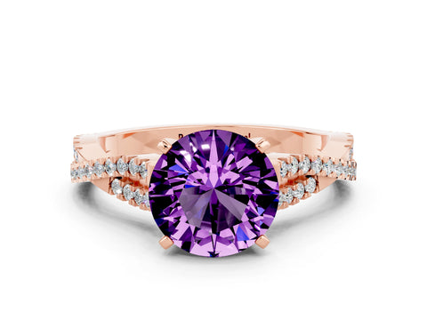 Rose gold Round Cut Amethyst Solitaire Engagement Ring with Twisted Pavé Band and Four-Prong Setting_12