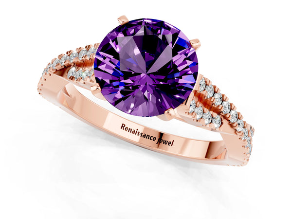 Rose gold Round Cut Amethyst Solitaire Engagement Ring with Twisted Pavé Band and Four-Prong Setting