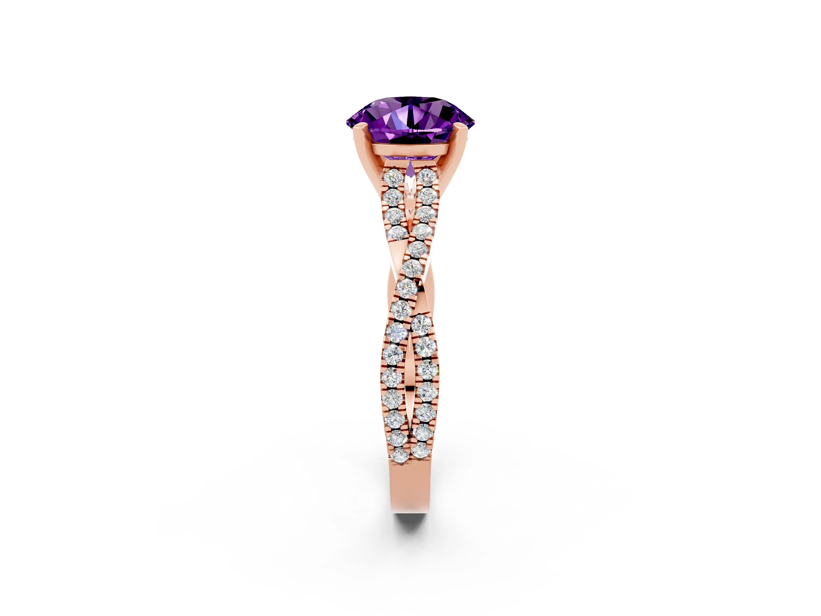 Rose gold Round Cut Amethyst Solitaire Engagement Ring with Twisted Pavé Band and Four-Prong Setting_14