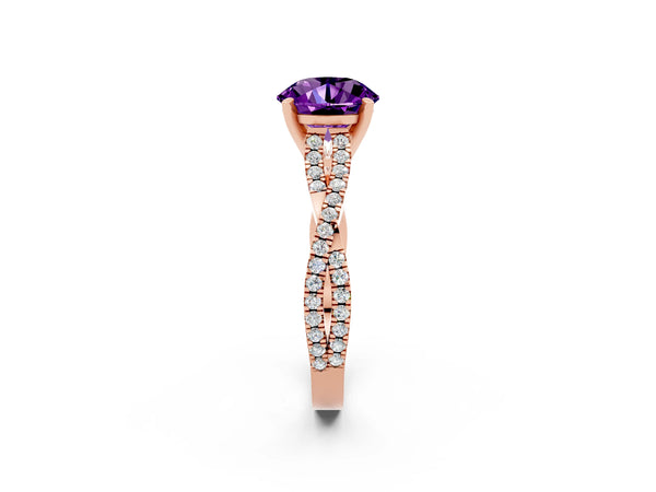 Rose gold Round Cut Amethyst Solitaire Engagement Ring with Twisted Pavé Band and Four-Prong Setting