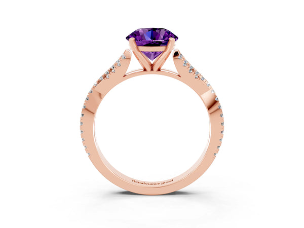 Rose gold Round Cut Amethyst Solitaire Engagement Ring with Twisted Pavé Band and Four-Prong Setting