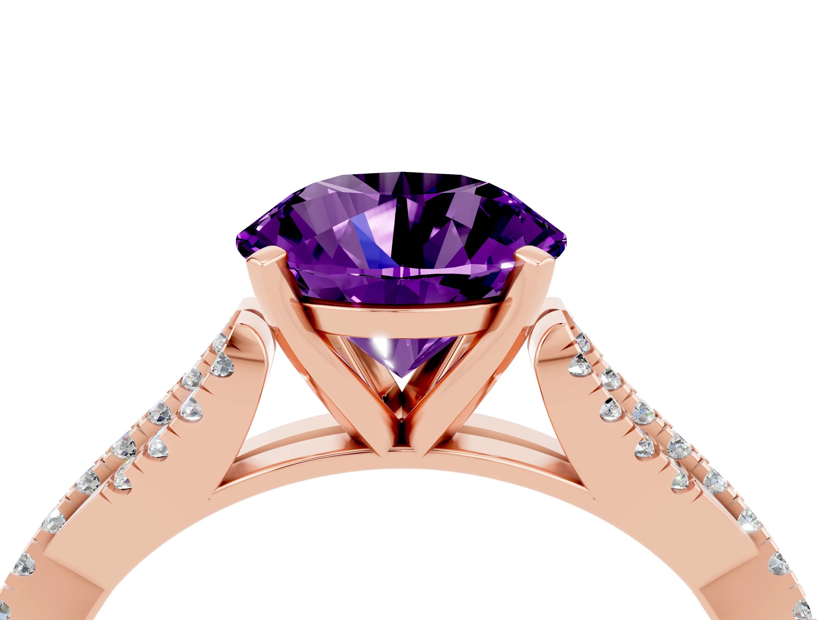 Rose gold Round Cut Amethyst Solitaire Engagement Ring with Twisted Pavé Band and Four-Prong Setting_16