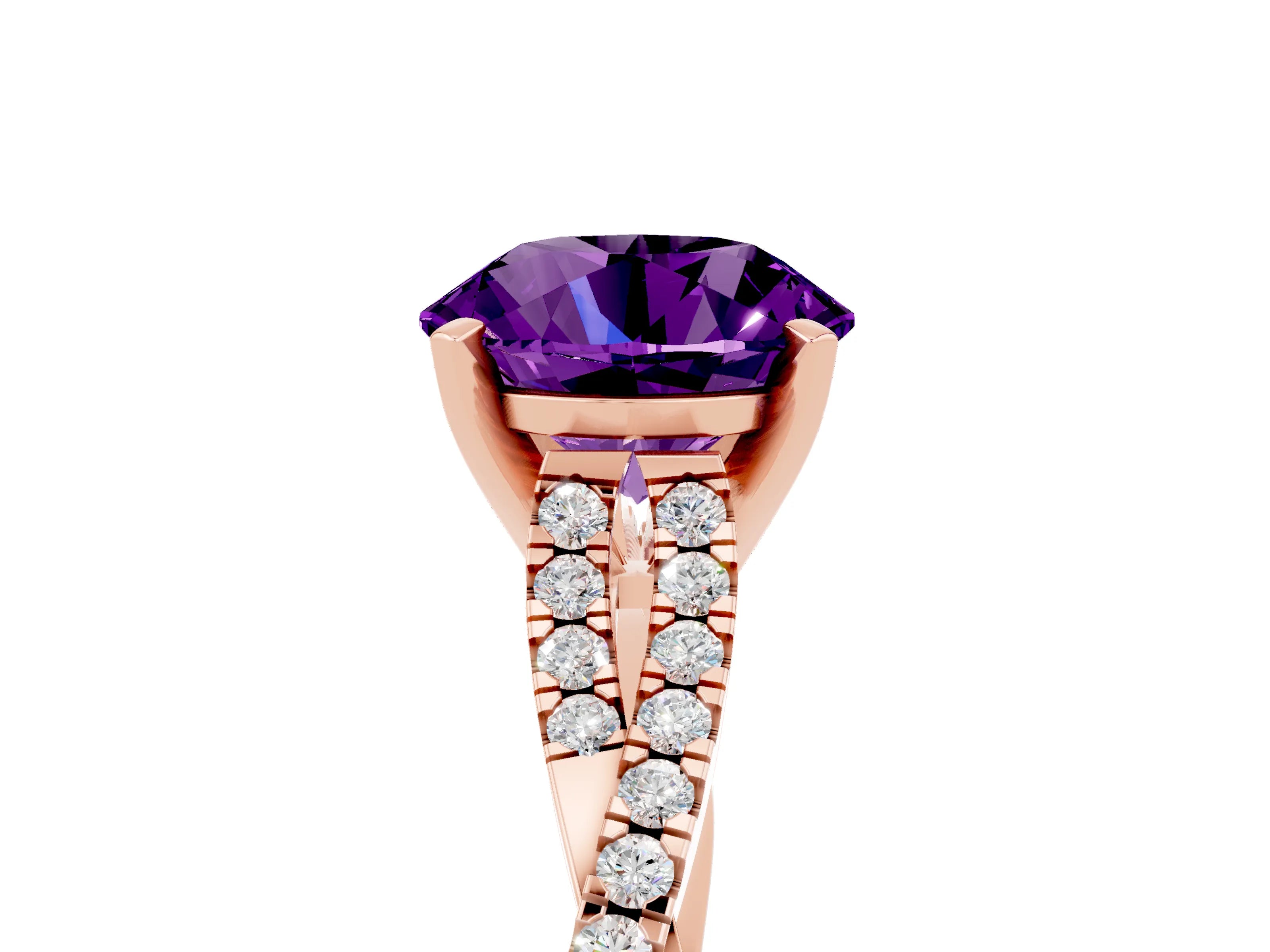Rose gold Round Cut Amethyst Solitaire Engagement Ring with Twisted Pavé Band and Four-Prong Setting_17