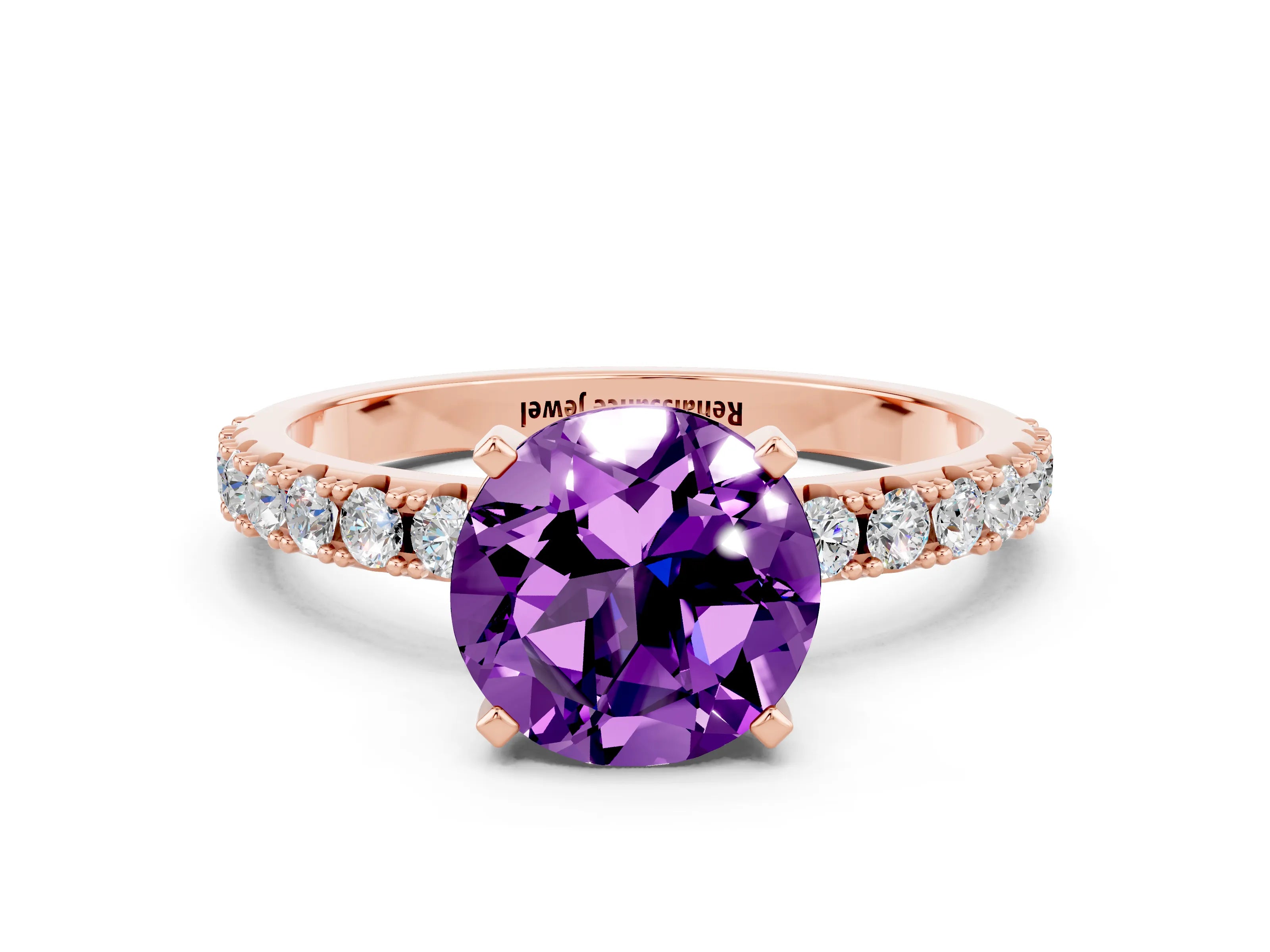 Rose gold Round Cut Amethyst Solitaire Pavé Band with Four-Prong Setting