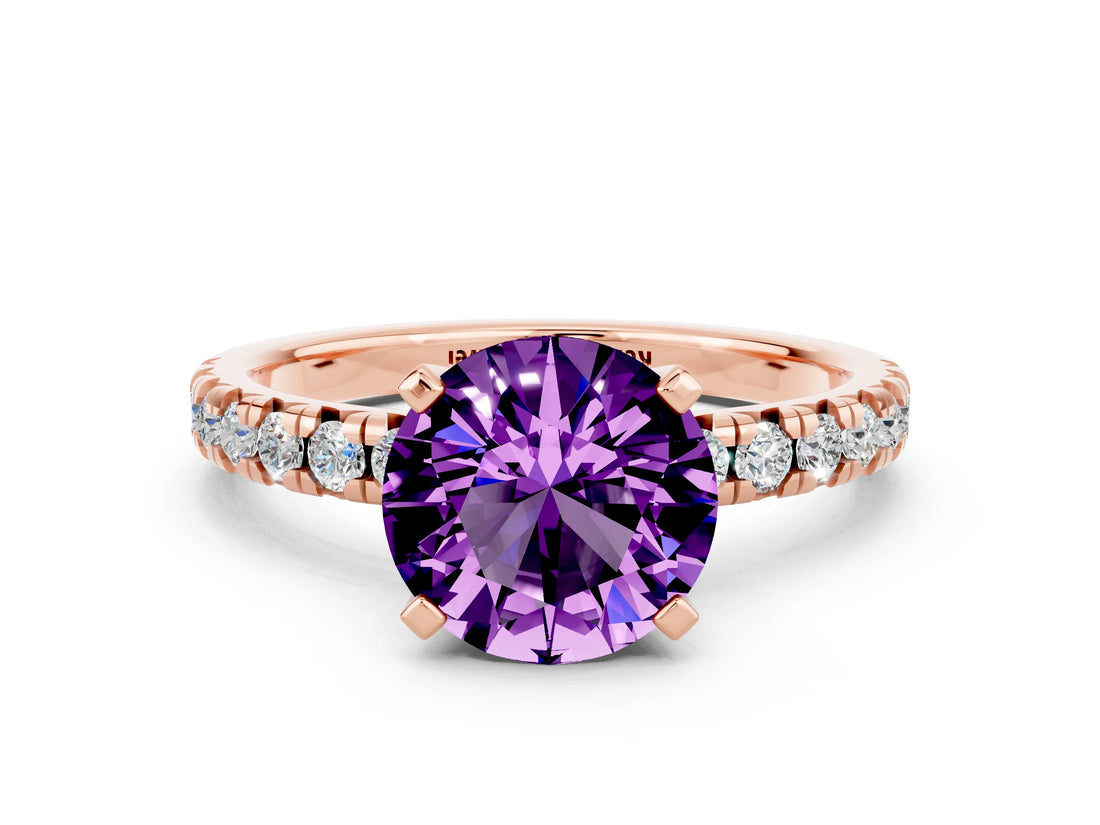Rose gold Round Cut Amethyst Solitaire Pavé Engagement Ring with Round Band and Prong Setting_67