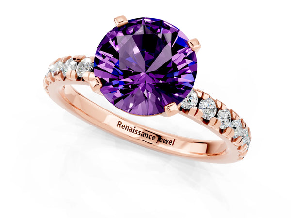 Rose gold Round Cut Amethyst Solitaire Pavé Engagement Ring with Round Band and Prong Setting