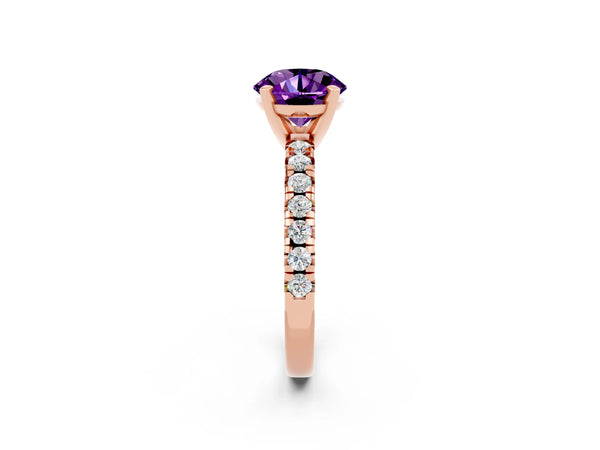 Rose gold Round Cut Amethyst Solitaire Pavé Engagement Ring with Round Band and Prong Setting