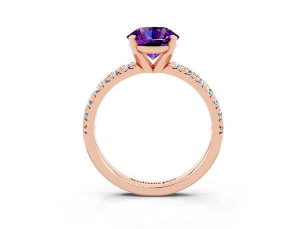 Rose gold Round Cut Amethyst Solitaire Pavé Engagement Ring with Round Band and Prong Setting