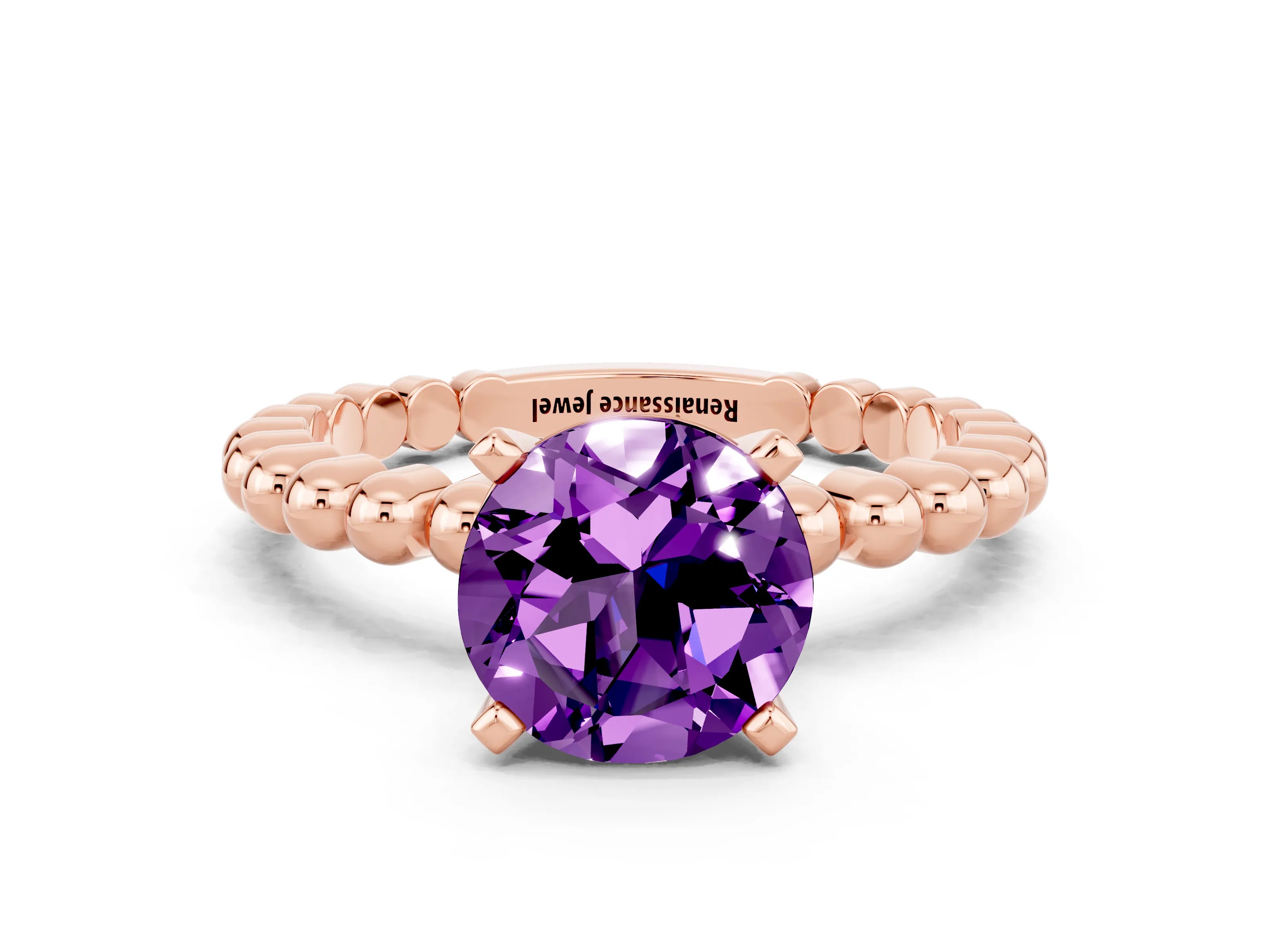 Rose gold Round Cut Amethyst Solitaire Ring with Beaded Band and Prong Setting