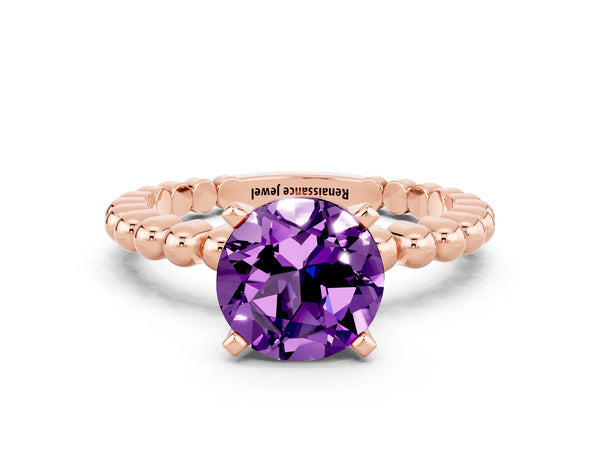 Rose gold Round Cut Amethyst Solitaire Ring with Beaded Band and Prong Setting