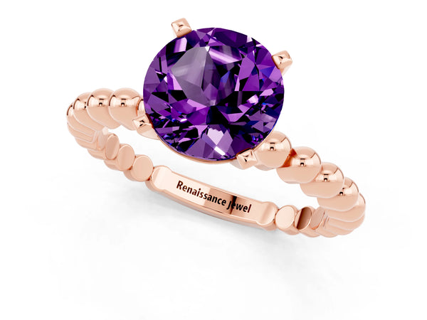 Rose gold Round Cut Amethyst Solitaire Ring with Beaded Band and Prong Setting
