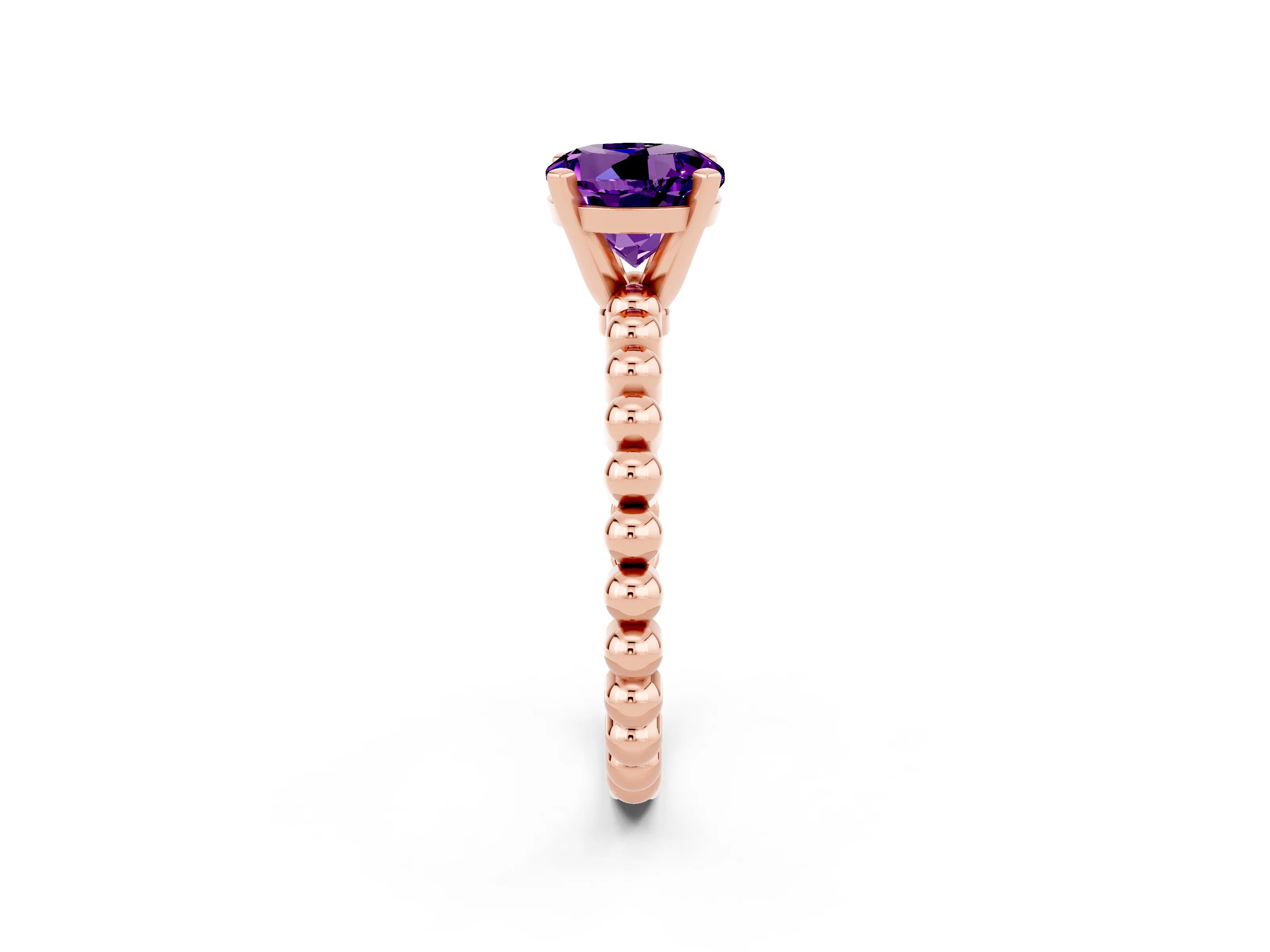 Rose gold Round Cut Amethyst Solitaire Ring with Beaded Band and Prong Setting_2