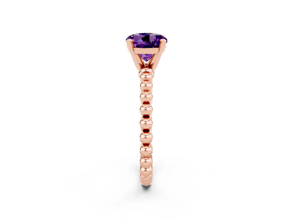 Rose gold Round Cut Amethyst Solitaire Ring with Beaded Band and Prong Setting