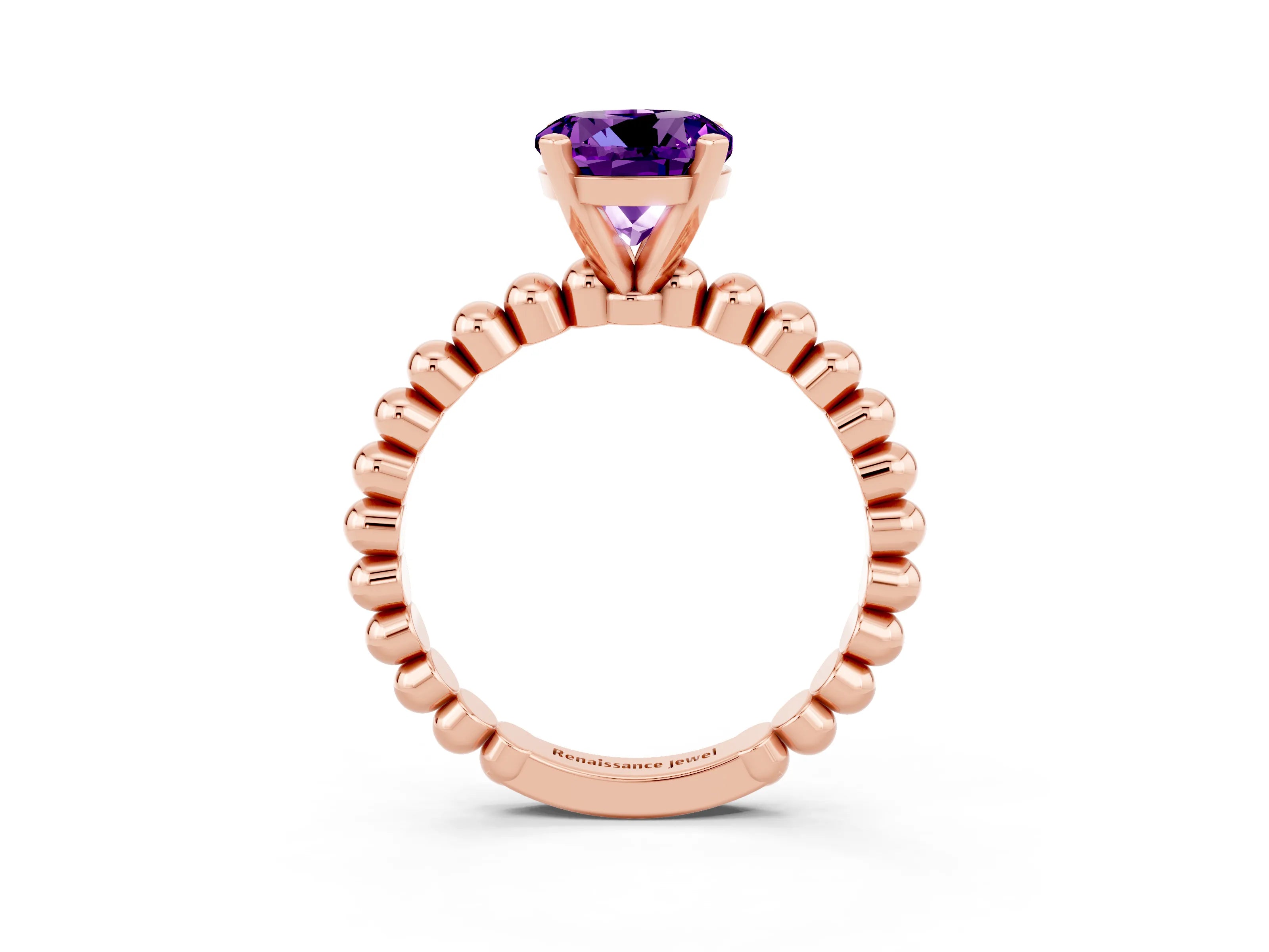 Rose gold Round Cut Amethyst Solitaire Ring with Beaded Band and Prong Setting_3