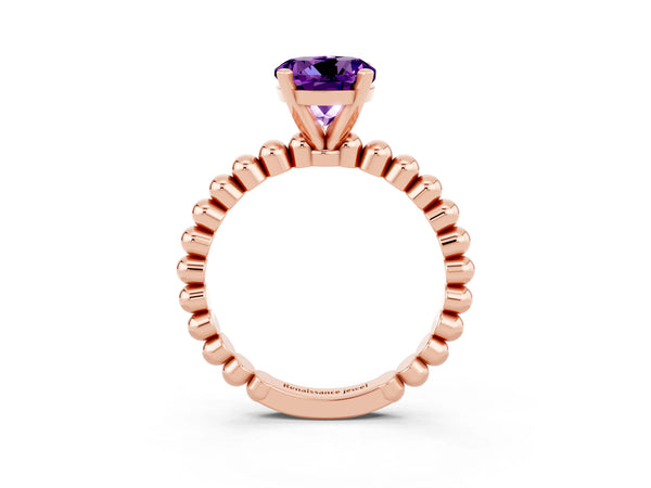 Rose gold Round Cut Amethyst Solitaire Ring with Beaded Band and Prong Setting