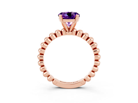 Rose gold Round Cut Amethyst Solitaire Ring with Beaded Band and Prong Setting_3