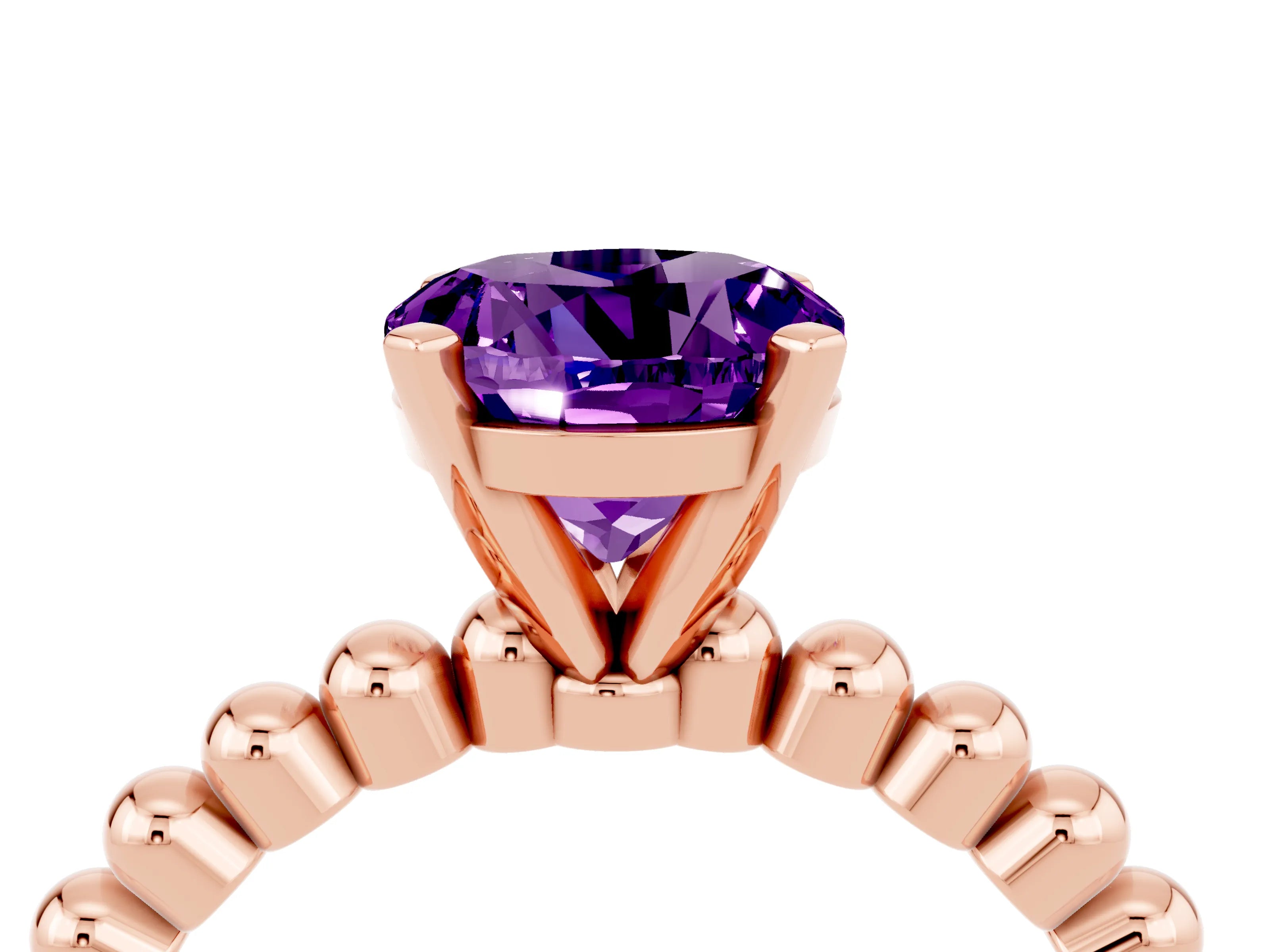 Rose gold Round Cut Amethyst Solitaire Ring with Beaded Band and Prong Setting_4