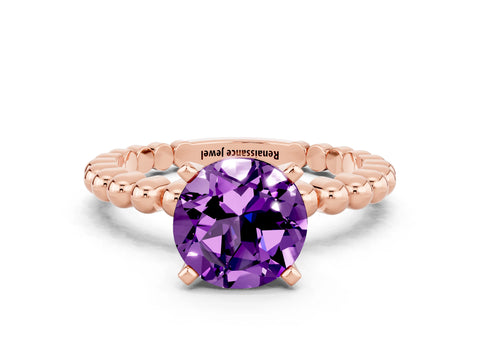 Rose gold Round Cut Amethyst Solitaire Ring with Beaded Band and Prong Setting