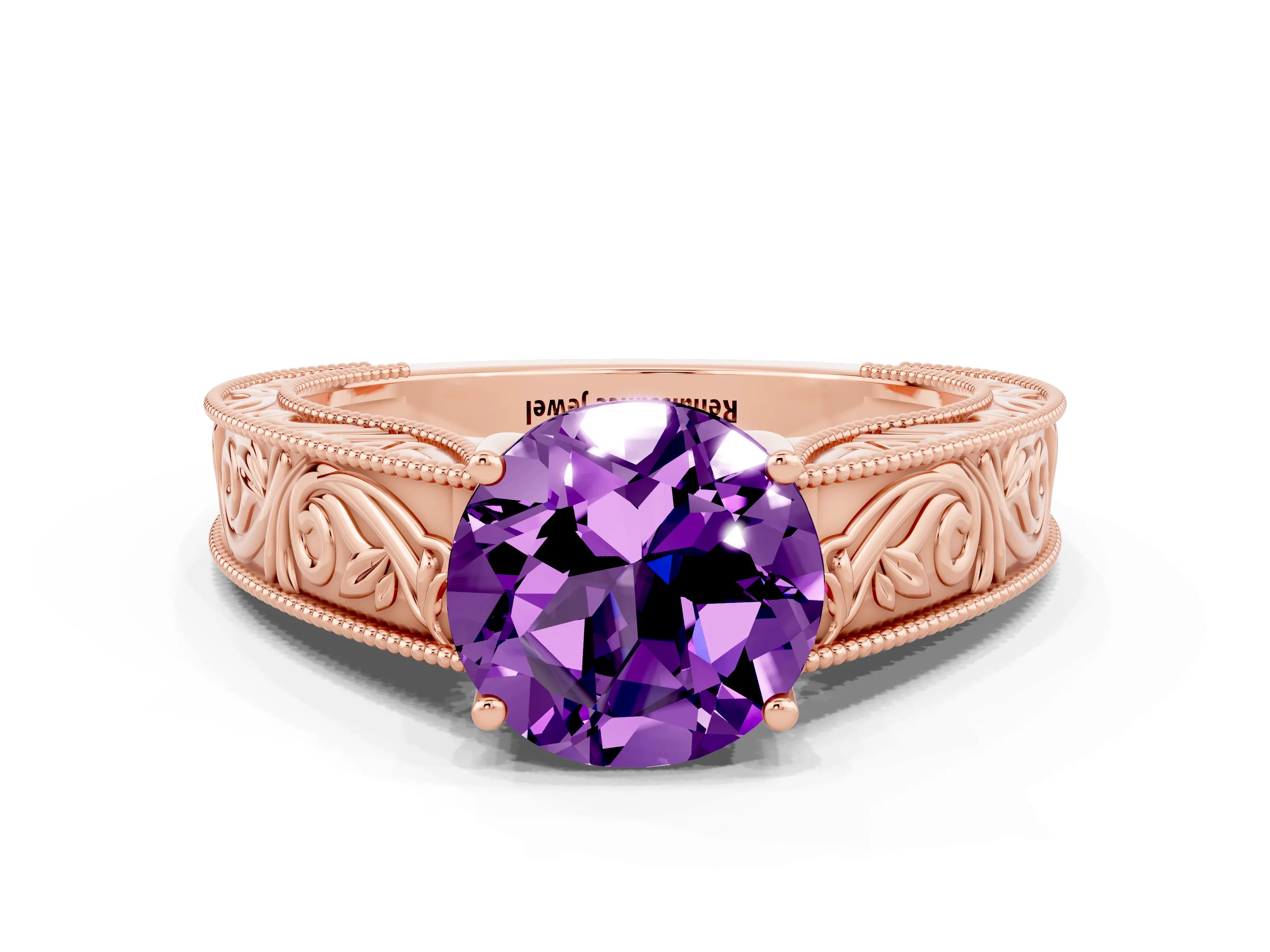 Rose gold Round Cut Amethyst Solitaire Ring with Engraved Band and Four-Prong Setting