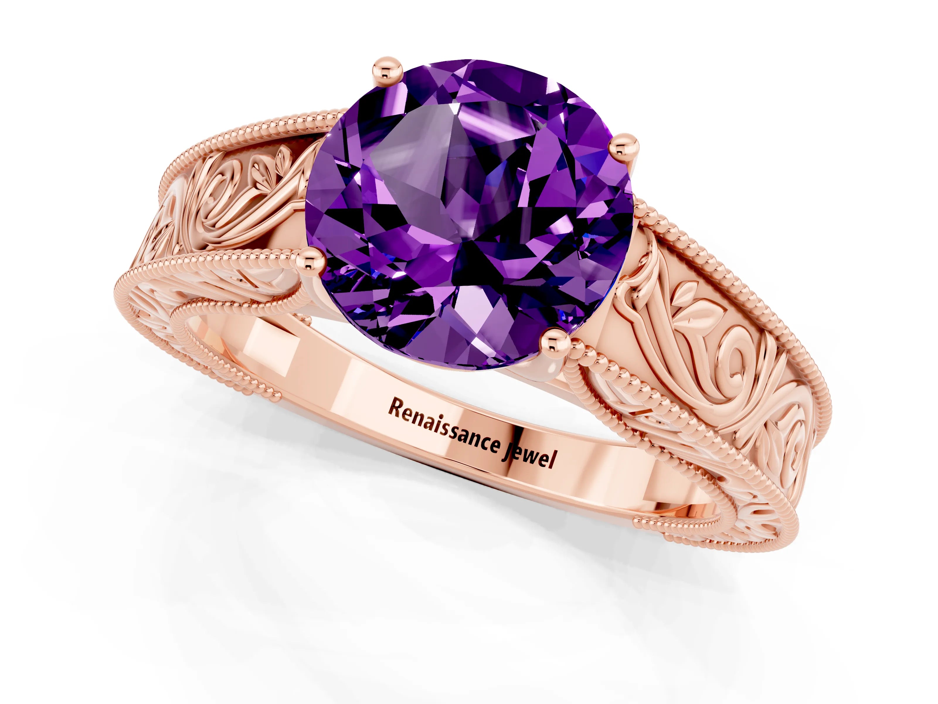 Rose gold Round Cut Amethyst Solitaire Ring with Engraved Band and Four-Prong Setting_1