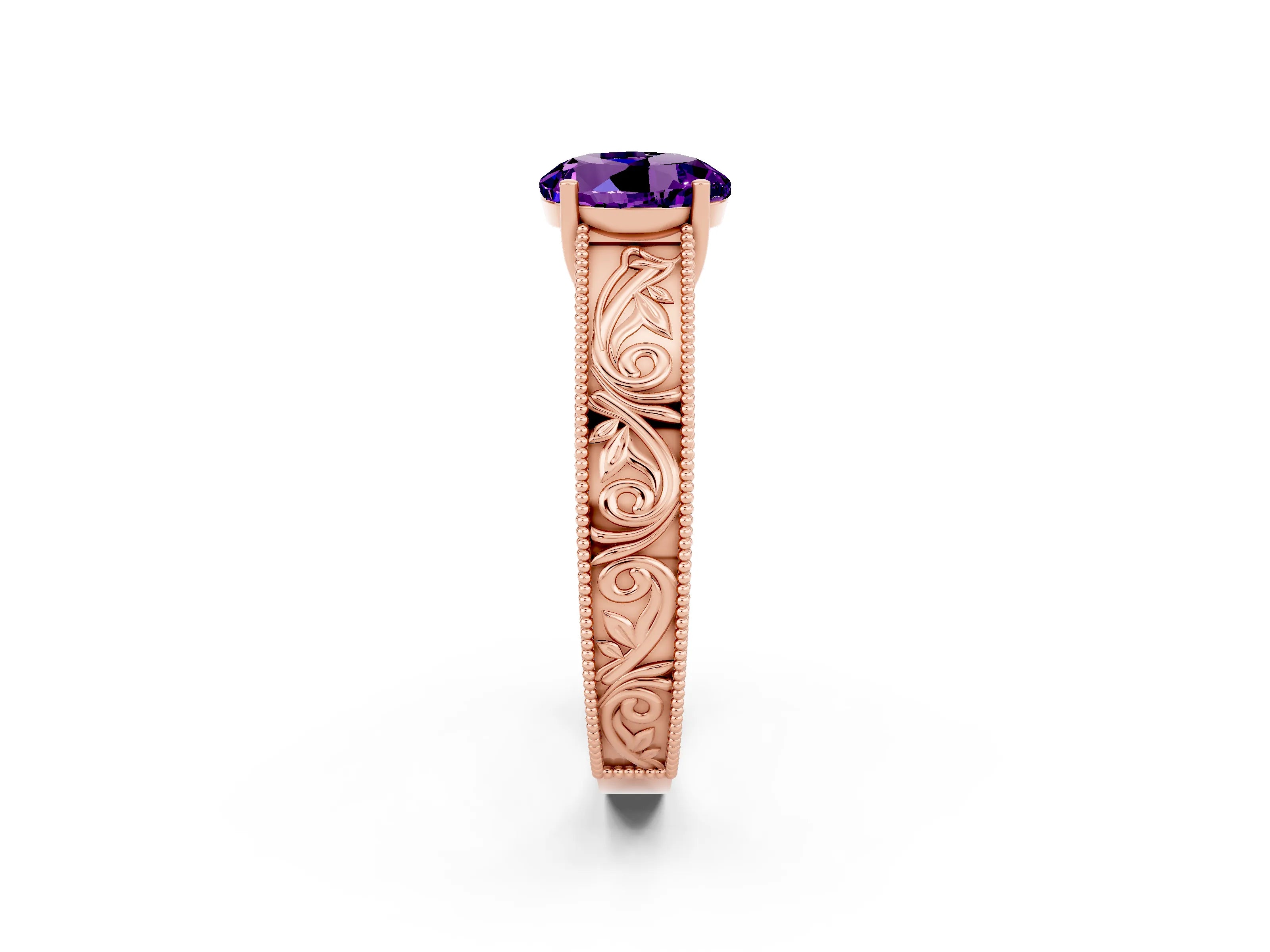 Rose gold Round Cut Amethyst Solitaire Ring with Engraved Band and Four-Prong Setting_2