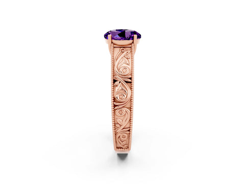 Rose gold Round Cut Amethyst Solitaire Ring with Engraved Band and Four-Prong Setting_2