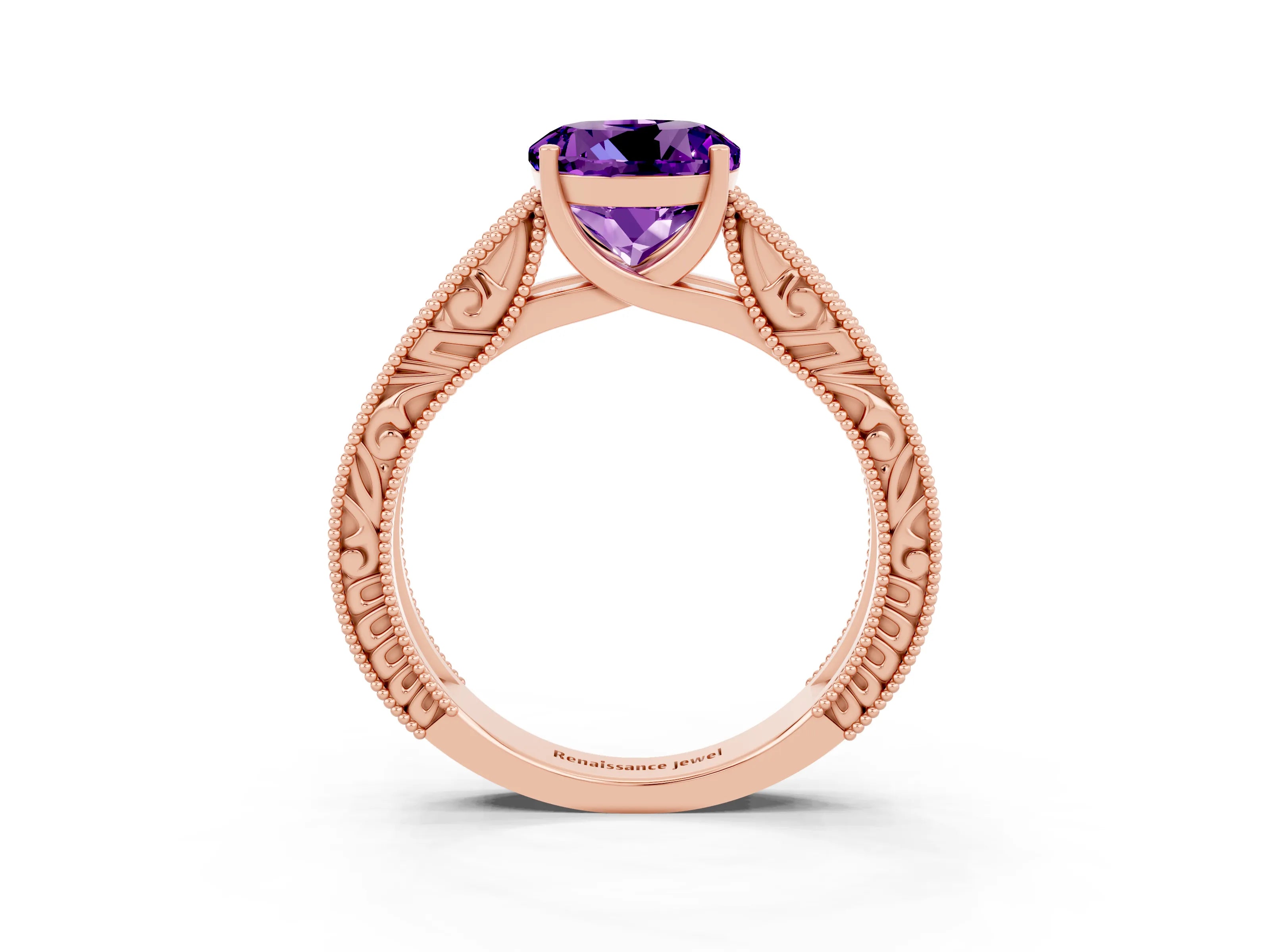 Rose gold Round Cut Amethyst Solitaire Ring with Engraved Band and Four-Prong Setting_3