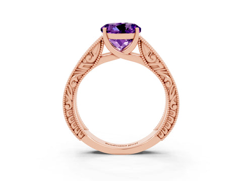 Rose gold Round Cut Amethyst Solitaire Ring with Engraved Band and Four-Prong Setting_3