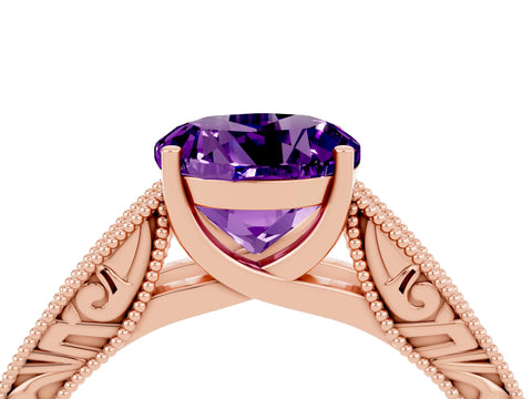 Rose gold Round Cut Amethyst Solitaire Ring with Engraved Band and Four-Prong Setting_4
