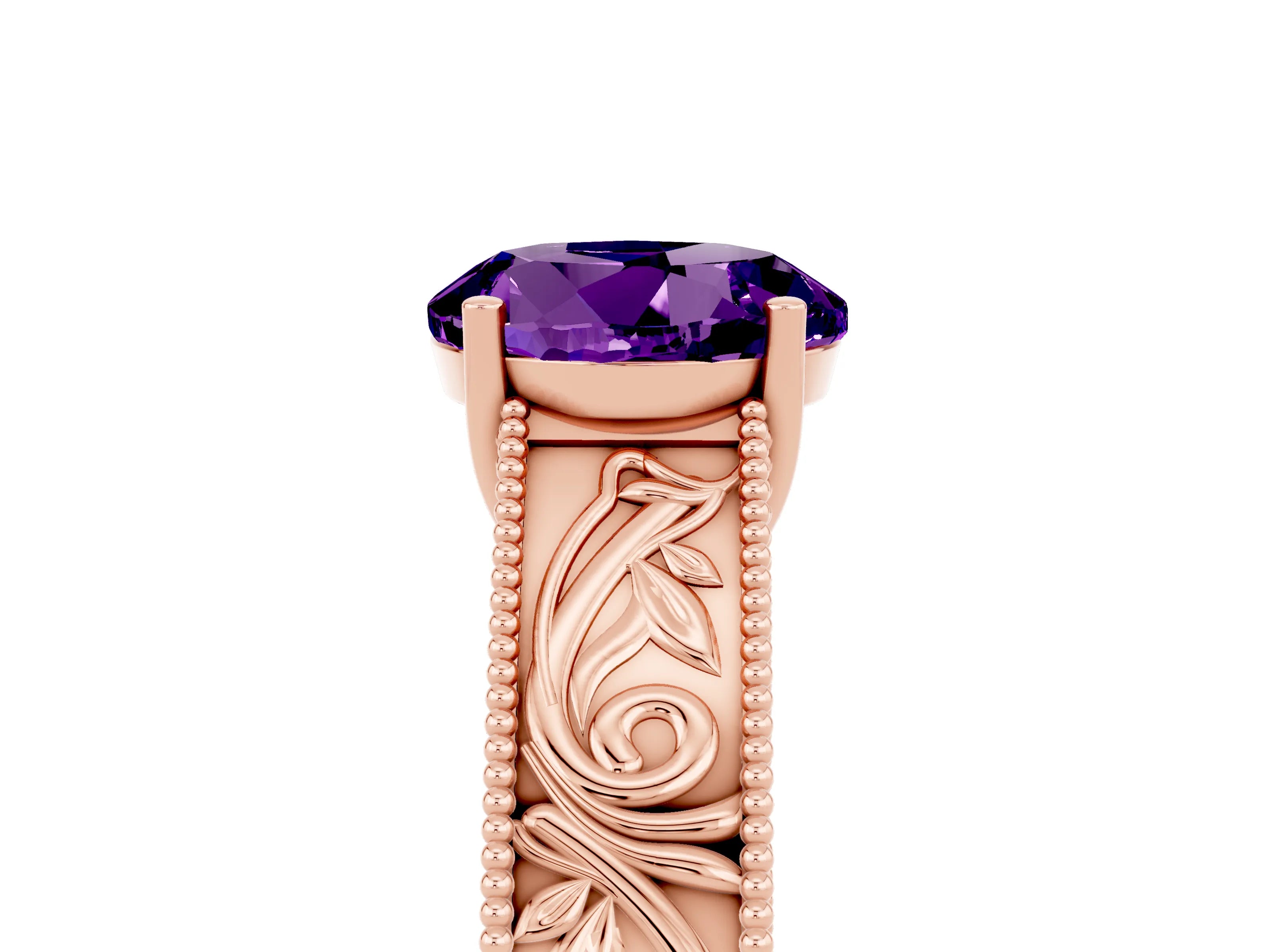 Rose gold Round Cut Amethyst Solitaire Ring with Engraved Band and Four-Prong Setting_5