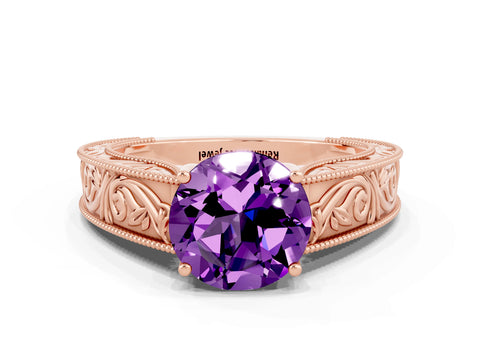 Rose gold Round Cut Amethyst Solitaire Ring with Engraved Band and Four-Prong Setting