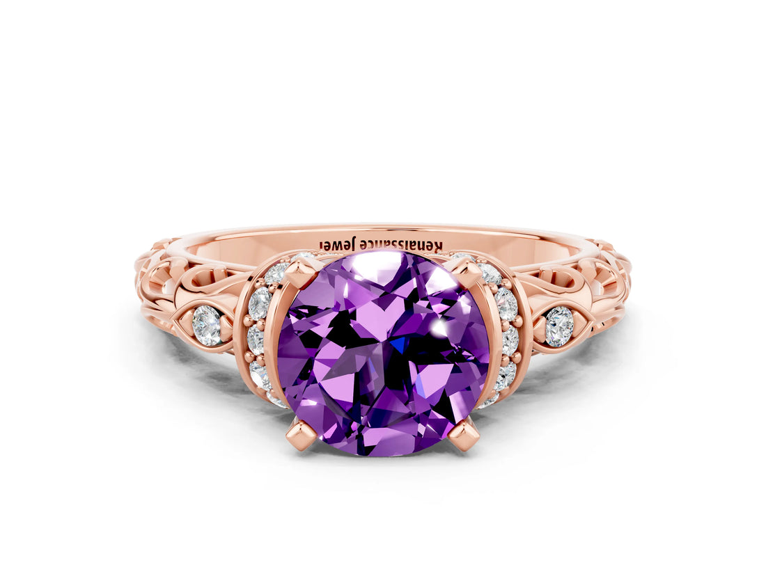 Rose gold Round Cut Amethyst Solitaire Ring with Filigree Band and Four-Prong Setting_24