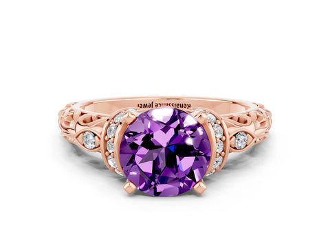 Rose gold Round Cut Amethyst Solitaire Ring with Filigree Band and Four-Prong Setting_24