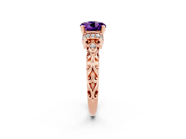 Rose gold Round Cut Amethyst Solitaire Ring with Filigree Band and Four-Prong Setting