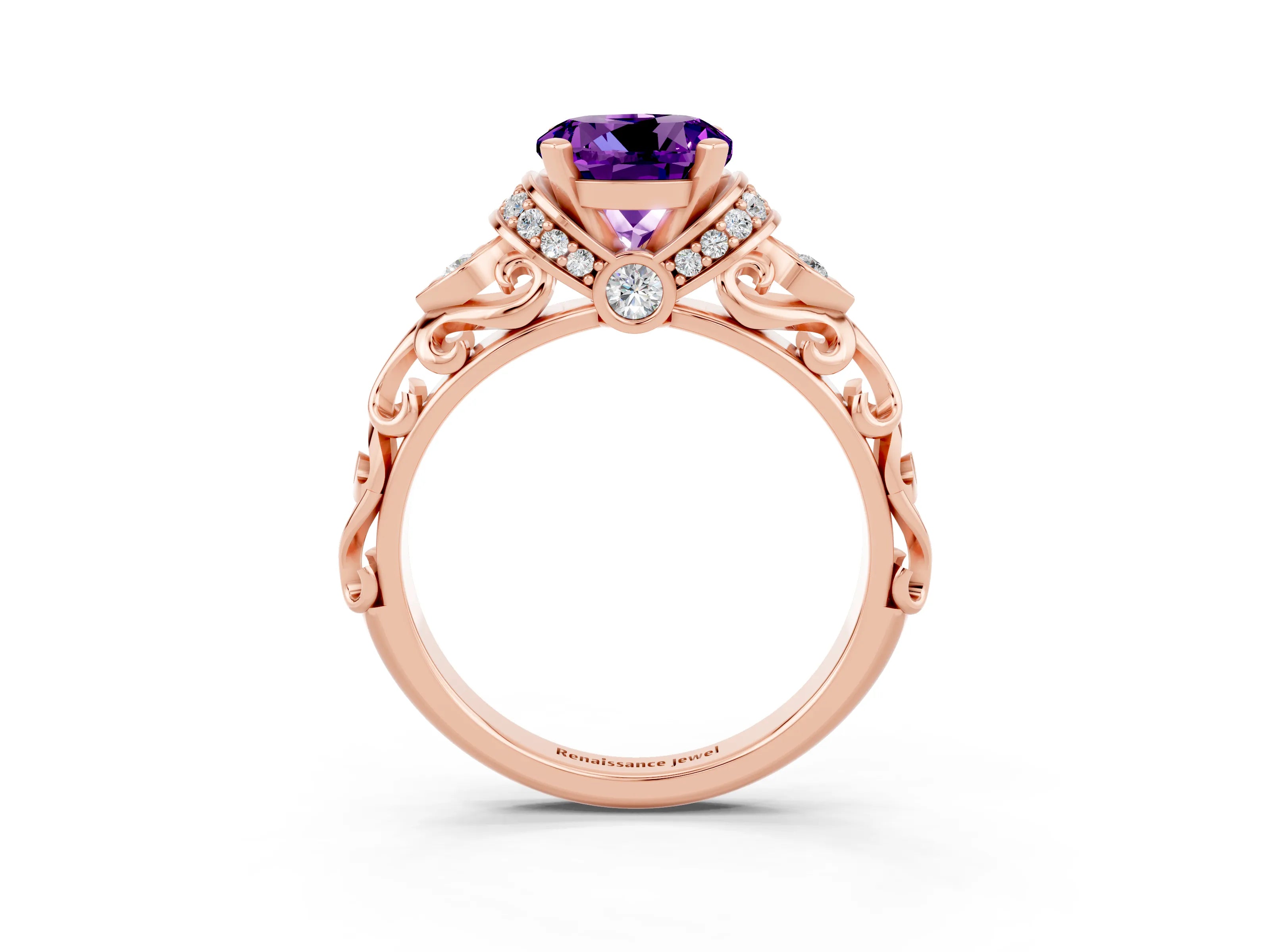 Rose gold Round Cut Amethyst Solitaire Ring with Filigree Band and Four-Prong Setting_27
