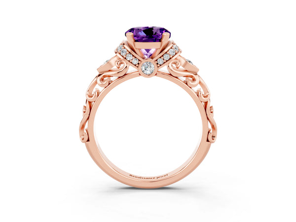 Rose gold Round Cut Amethyst Solitaire Ring with Filigree Band and Four-Prong Setting