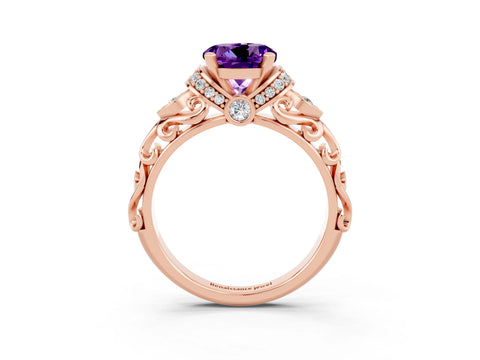 Rose gold Round Cut Amethyst Solitaire Ring with Filigree Band and Four-Prong Setting_27