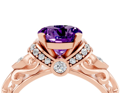 Rose gold Round Cut Amethyst Solitaire Ring with Filigree Band and Four-Prong Setting_28