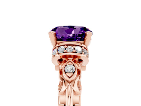 Rose gold Round Cut Amethyst Solitaire Ring with Filigree Band and Four-Prong Setting_29