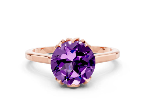 Rose gold Round Cut Amethyst Solitaire Ring with Flower Prong Setting and Classic Band_12