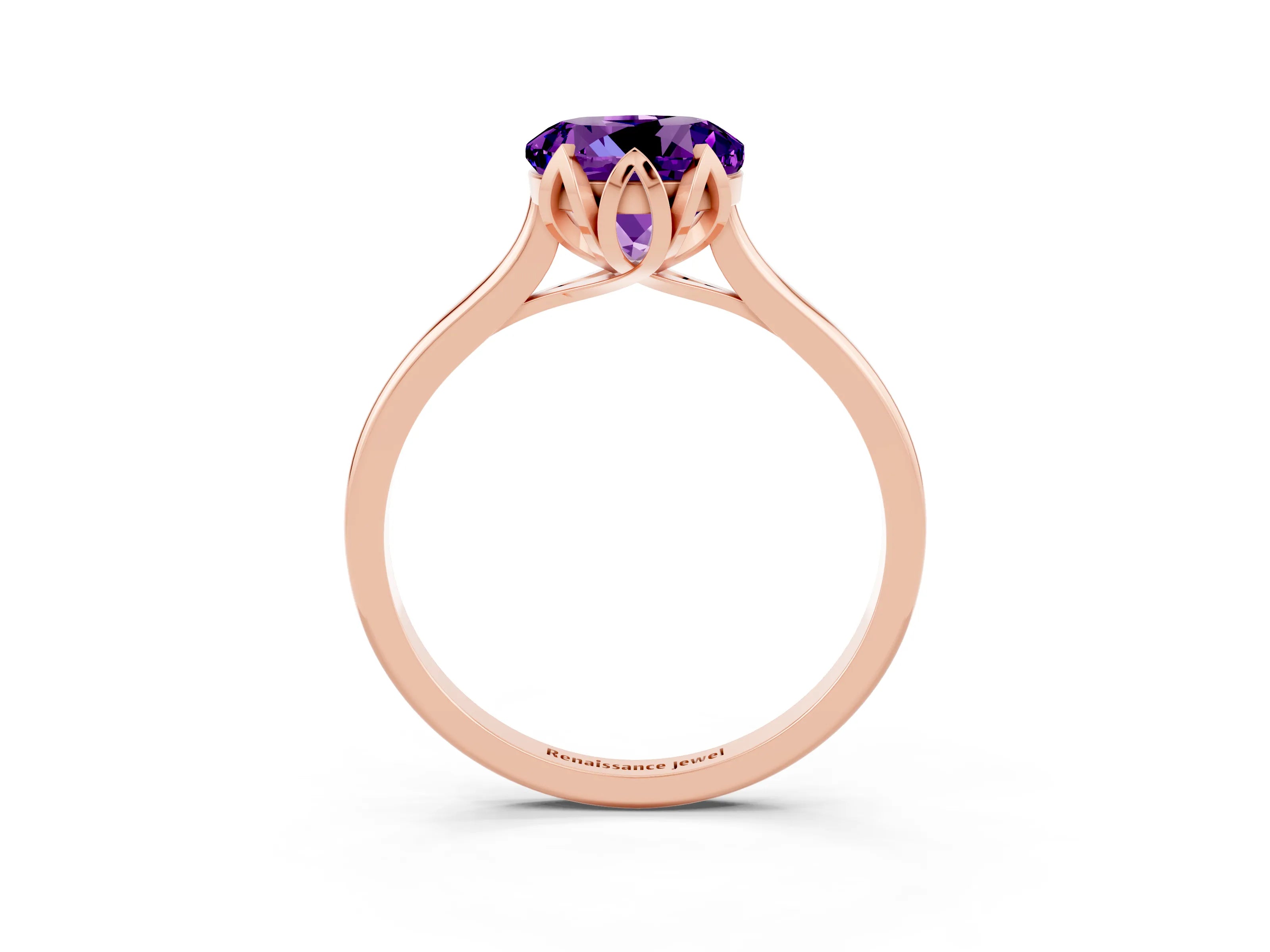 Rose gold Round Cut Amethyst Solitaire Ring with Flower Prong Setting and Classic Band_15