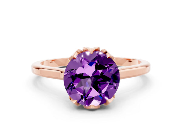 Rose gold Round Cut Amethyst Solitaire Ring with Flower Prong Setting and Classic Band