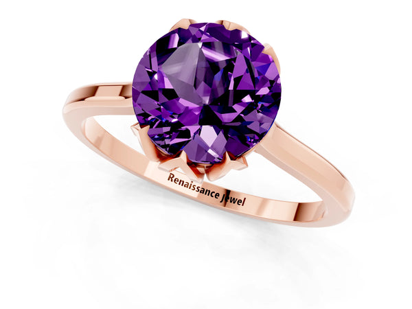 Rose gold Round Cut Amethyst Solitaire Ring with Flower Prong Setting and Classic Band