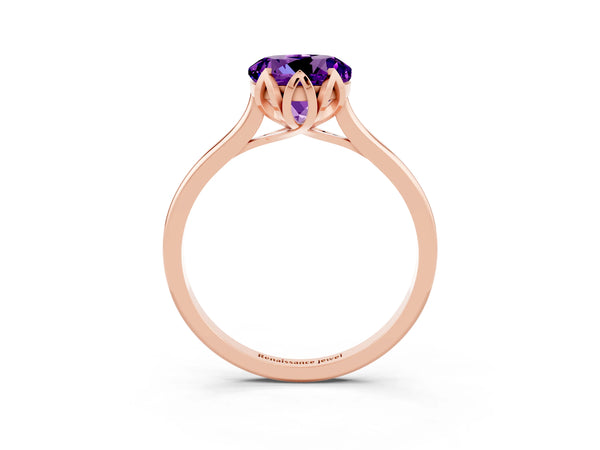 Rose gold Round Cut Amethyst Solitaire Ring with Flower Prong Setting and Classic Band