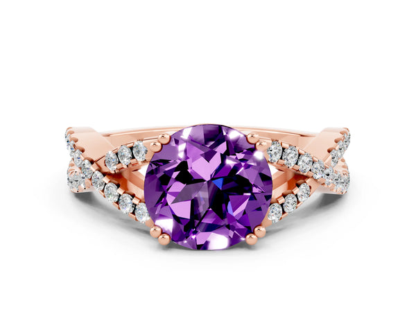 Rose gold Round Cut Amethyst Solitaire Ring with Four-Prong Setting and Twisted Pavé Band
